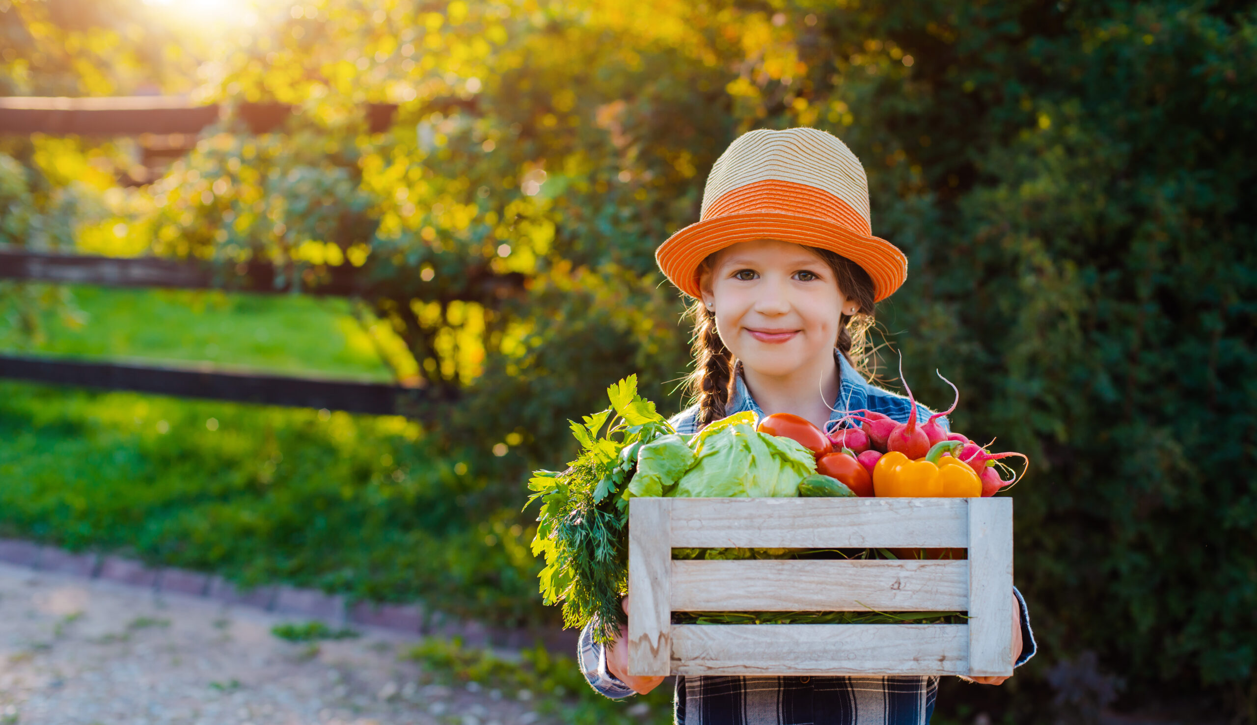 Kids,Little,Girl,Holding,Basket,Fresh,Organic,Vegetables,Background,Home